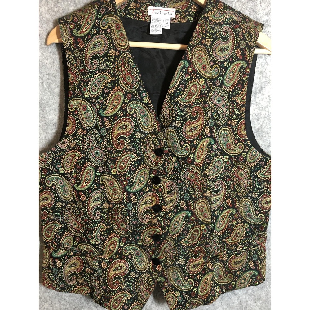 Talbots Vest Womens 14 Black Paisley Tapestry Jacquard Button Front Made USA